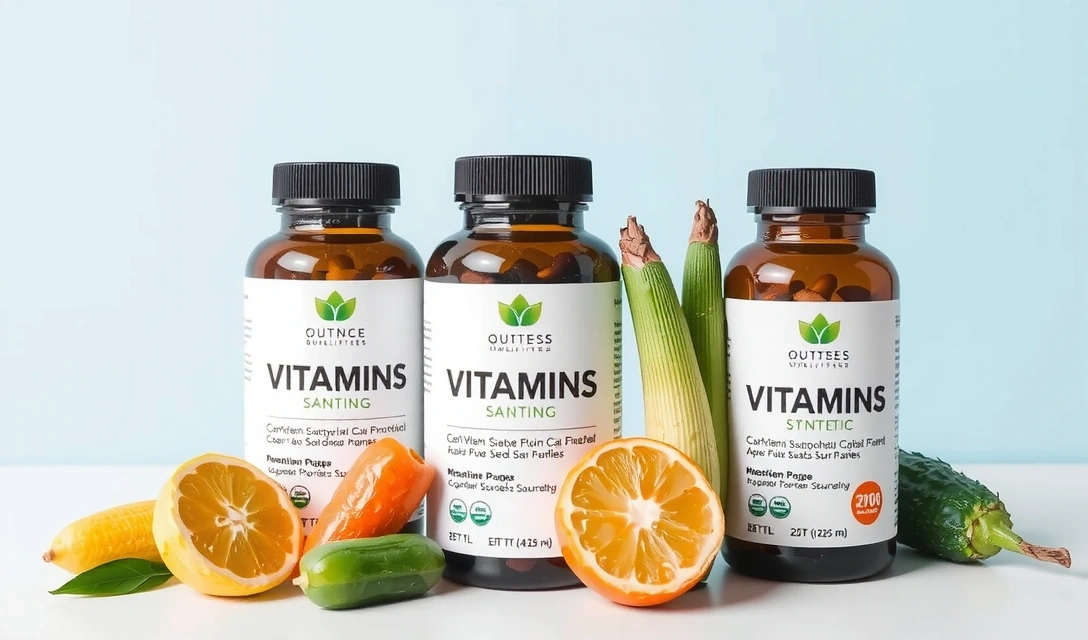 Natural vs synthetic vitamins comparison with fresh foods and supplement bottles