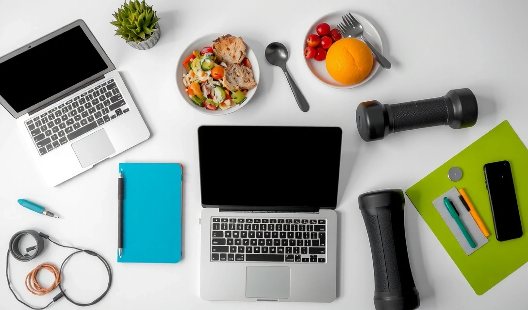 Work-life balance with wellness activities like exercise, meditation, and healthy meals