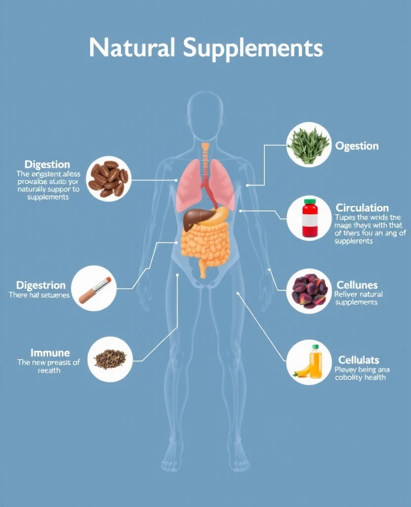 Educational illustration showing the human body with highlighted systems that benefit from natural supplements